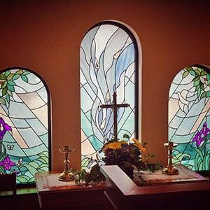 Stained glass behind altar in Cornerstone Hospice, The Villages Stained glass behind altar in Cornerstone Hospice, The Villages