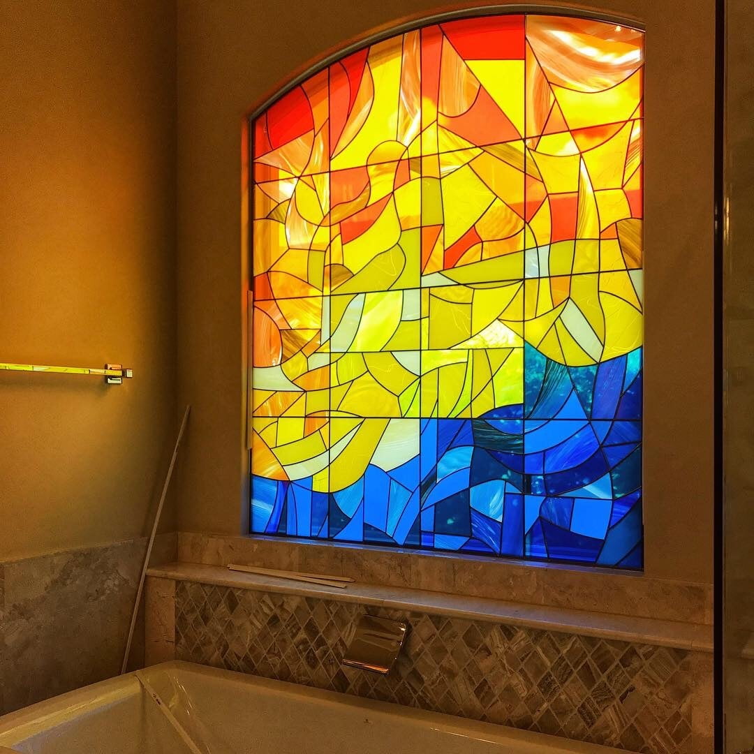Contemporary stained glass bathroom window