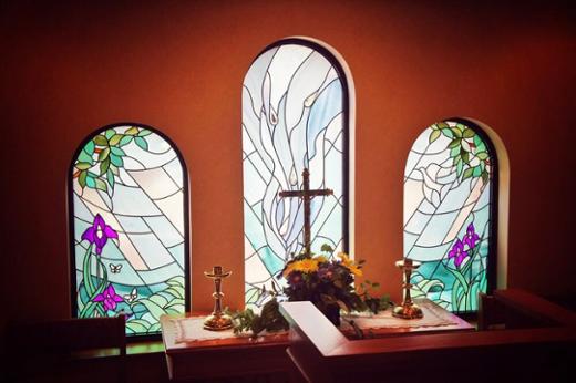 Set of religious behind altar windows in stained glass style