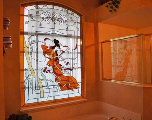 Bathroom window with Geisha scene