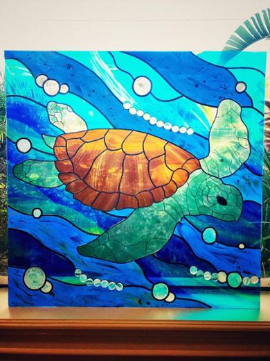 Sea Turtle glass panel design with mixed media